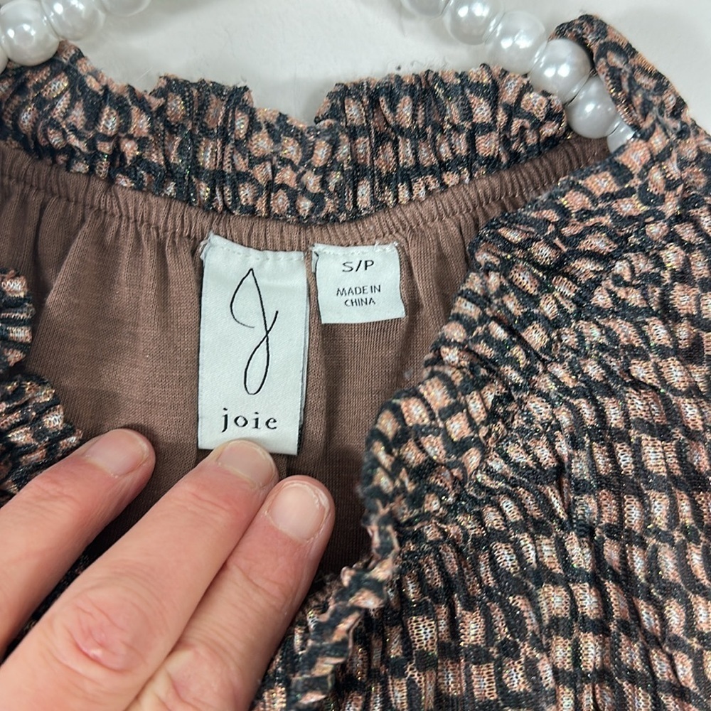 Joie Tan & Black Shimmer Long Sleeve Smocked Top Small - Picture 3 of 7